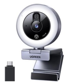 UGREEN Webcam 2K 30FPS con Luz LED 4 Niveles Fijo Full HD USB A USB C, Cámara Web Anillo Plug y Play Ángulo Ajustable para Windows MacOS Linux Streami