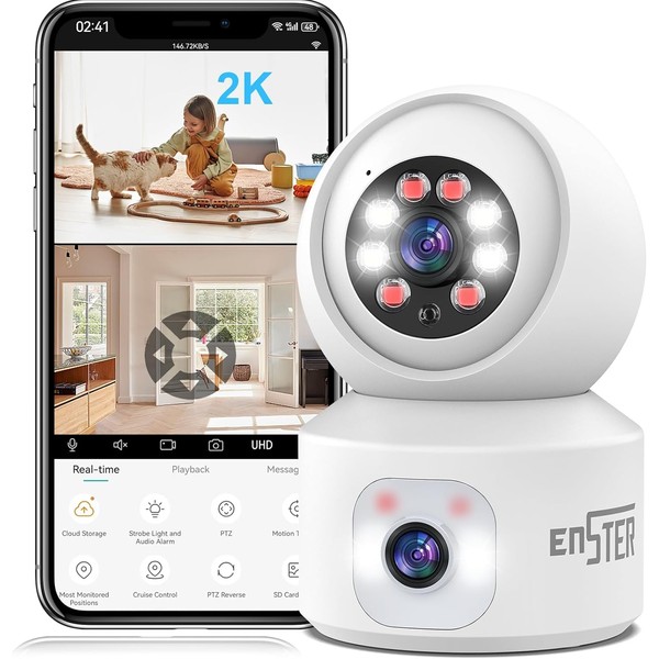ENSTER 2K Indoor Camera for Home Security, Dual Lens Pet/Dog/Baby