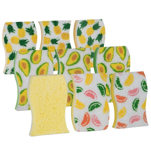 Smart Design Non-Scratch Cellulose Smart Scrub Sponge - Set of 9 - Ultra Absorbent - Ergonomic Shape - Cleaning, Dishes, & Hard Stains - Fruit Pattern - Orange, Green, Yellow