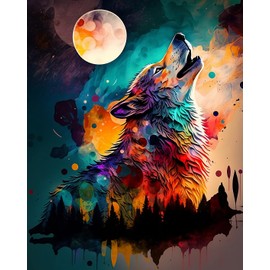 TISHIRON Paint by Numbers Adults The Wolf Screams on the Moon Painting by Numbers Kits on Canvas Oil Hand Painting with Brushes Painting Kits Adult Crafts 40 x 50 cm