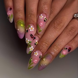 3D Flower Press on Nails Medium Almond Fake Nails with Bee Insect Tulip Daisy Designs Handmade Stick on Nails Glossy Reusable Full Cover False Nails for Women Manicure 24 Pcs (Pink-22, M-22)