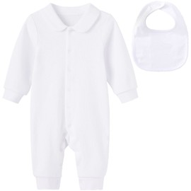 pureborn Unisex Baby Jumpsuit with Bib Long Sleeve Cotton Spring Fall Romper One-Piece Coverall Baptism Outfit for Infant Boys Girls 9-12 Months White