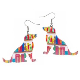COLORFUL BLING Cat Dog Book Earrings Acrylic Lightweight Bookshelf Animal Rabbit Butterfly Dangle Earrings for Book Lover Bookish Reader Librarian Teacher Gifts-dog book