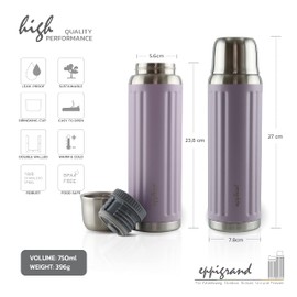 eppikan EppiGrand Stainless Steel Thermos Flask, Thermos Flask, Water Bottle, Insulated Flask, 750 ml, Leak-Proof with Double-Walled Drinking Cup (750 ml, Dusty Purple)