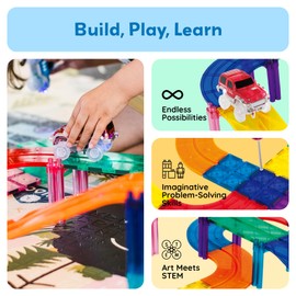PicassoTiles Magnetic Tiles Race Track Car Thrilling Toy Playset Includes 2 Racing Trucks STEM Educational Magnet Tile Building Block Construction Set for Toddlers Boys Girls Ages 3 and Older PTR30