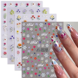 Flower Nails Stickers Decals 5D Embossed Flower Nail Art Stickers Self-Adhesive Designs Nail Art Decals for Women DIY Nails Decorations 4 Sheets