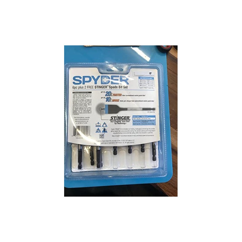 Spyder 8-Piece Assorted Stinger Woodboring Spade Drill Bit Set, Threaded