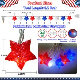 Red White and Blue Lights for Fourth of July Decorations, 8.2Ft 10 LED Patriotic Star Lights Shatterproof, Plug in 4th of July Outdoor Lights for Independence Day Memorial Day Xmas Decor