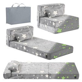 Tiita Kids Folding Sofa Bed Floor Mattress, Trifold Futon Mattress Kids Fold Up Bed, Toddler Fold Out Couch Bed, Foldable Toddler Floor Bed Nap Mat with Storage Bag, Grey Star