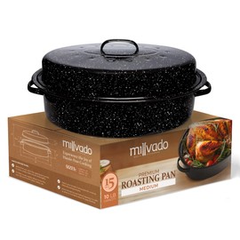 Millvado Granite Roasting Pan, 10 lb Capacity Turkey Roasting Pan with Lid, 15" Granite Oven Roaster Oval Shaped Speckled Enamel on Steel Cookware