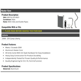 Marketplace Auto Parts - Heater Core - with Inlet and Outlet Pipes - Compatible with 2008-2012 Jeep Liberty