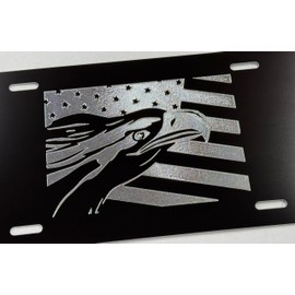 American Flag with Eagle Car Tag Diamond Etched on Black Aluminum License Plate