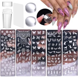 SONGJIE 9Pcs Nail Stamp Template Kit French, With 1 Stamper 2 Silicone Heads 1 Scraper for DIY Nail Decor Easy French Style Nail Art Designs, Nail Stamper Stencil Plates Set Manicure Nail Supplies