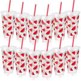 SiliFine 12 Pcs Plastic Watermelon Cups 24oz Reusable Watermelon Tumbler with Lid and Straw Watermelon Party Decorations Watermelon Gifts for Summer Party Favors Birthday Supplies
