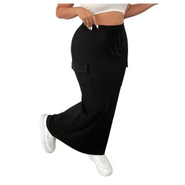 SOLY HUX Women's Plus Size Cargo Skirts Y2k Vintage Long Maxi Skirts with Pockets Streetwear Plain Black 1XL