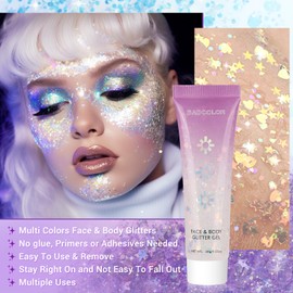 BADCOLOR White Face Body Glitter Gel, Holographic Shimmer Chunky Glitters Makeup for Hair Nails Eye Lips, Music Festival Concert Rave Accessories Party, Long Lasting Sparkling Mermaid Sequins Gel Kit