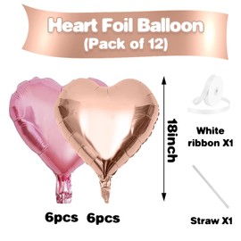 Rose Gold Pink Heart Balloons,12Pcs 18 Inch Pastel Pink Helium Foil Love Heart Shaped Balloons for Wedding Bridal Engagement Party Anniversary Birthday Baby Shower Valentines Day Decorations