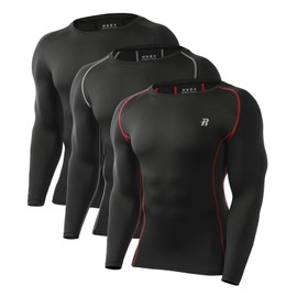 Runhit Long Sleeve Compression Shirts for Men (3 Pack) Athletic Workout Quick Dry Sports Base Layer (XXL,Black,Black Red,Black Gray)