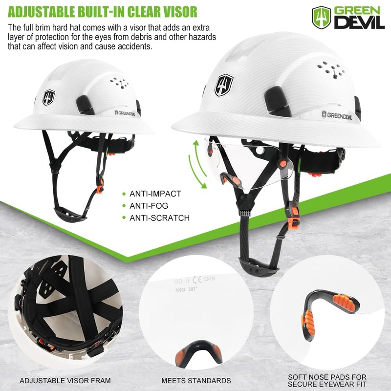 GREEN DEVIL Full Brim Hard Hat with Built-in Visor Vented