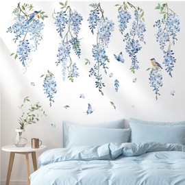 decalmile Wall Tattoo Hanging Vine Flowers Blue Wall Sticker Blossoms Wisteria Branch Plants Wall Sticker Bedroom Living Room Sofa Wall Decoration