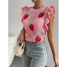 Milumia Women's Strawberry Sweater Vests Ruffle Trim Sweater Tank Top Crew Neck Knit Vest