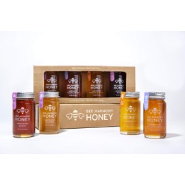 Bee Harmony Mini Honey Gift Set, Premium Raw Honey, 4 Jars, 3 Ounces Each, Product of U.S.A.