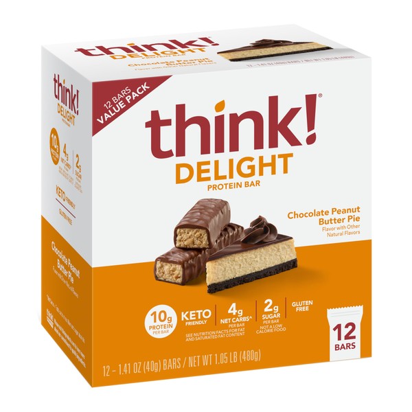 think! Delight, Keto Protein Bars, Healthy Low Carb, Gluten Free Snack - Chocolate Peanut Butter Pie, 12 Count (Packaging May Vary)
