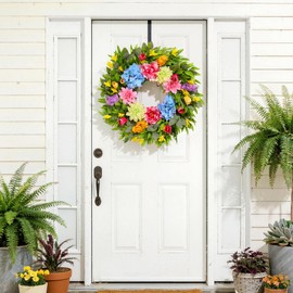 18 Inch Spring Wreaths for Front Door with Dahlias, Hydrangeas, Peonies, Eucalyptus - Artificial Spring Summer Front Door Wreath for Farmhouse, Porch, Window, Wedding, Indoor Outdoor Home Decor