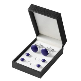 Zealmer 6pcs Blue Men's Cufflinks and Tuxedo Studs Set with Boxes Stainless Steel Silver Cuff Links Shirt Studs Tuxedo Buttons Jewelry Gifts for Men Wedding Anniversary, Business and Daily Life