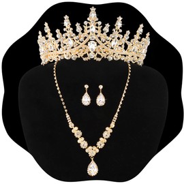 KICOSY Gold Jewelry Set for Women Crystal Crown Tiara and Necklace Kit, Crown Earrings Neck Accessories for Bride Wedding Halloween Prom Pageant Jewelry Birthday Costume Party Bridesmaid Dress up