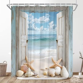 Boho Beach Coastal Shower Curtain Ocean Teal Rustic Barn Door Shower Curtain for Bathroom Hawaiian Scenery Sea Wave Wood Nature Seascape Seaside Nautical Beachy Seashore Bathroom 70x70 inch with Hook