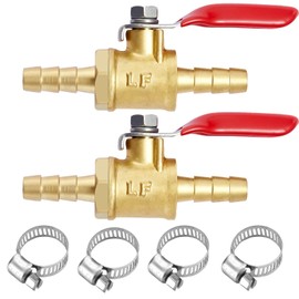 Litorange 2 PCS Lead-Free Brass Water Mini Ball Valve Shut Off Switch, 3/8" Hose ID x 3/8 INCH Hose Barb Pipe Tubing Fitting Coupler, 180 Degree Operation Handle with 4 Hose Clamps