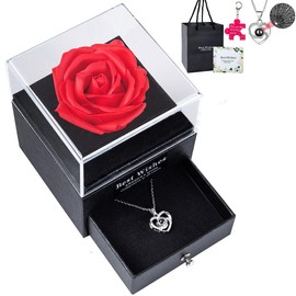 Zeihoo Eternal Rose Gifts for Her, Preserved Rose Gift Box with Necklace, Keychain and Greeting Cards for Women, Valentine's Day, Anniversary, Mother's Day, Wedding, Birthday