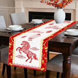 Hokinaa Lunar New Year Decorations - Chinese Happy 2026 The Year of Horse Table Runner Decor Red Gold Lantern Asian Winter Holiday Party Supplies for Home Dining Kitchen Spring Festival 13x72 Inch