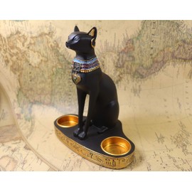 Ancient Egypt Egyptian Bastet Cat Goddess Statue Collectible Figurine Bastet Cat Sculpture with 2 Tea Light Candle Holder (Cat Statue with Candle Holder)