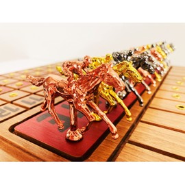 FINENI Horse Racing Board Game with Luxurious Durable Metal Horses, 11 Pieces & 4 Colors (3 Gold, 3 Silver, 3 Black, 2 Bronze), Real Cherry Wood Horseracing Game Board, Rose Gold Cards & Dice