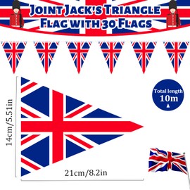 10 Metre Union Jack Triangle Bunting Banner with 30 Flags, 14 x 21 cm British UK Pennant Flags for British National Day, King’s Coronation, Street Parties, Sports Events, Wall and Garden Decorations