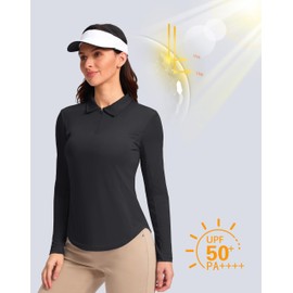 Women's Golf Shirts Lightweight UPF 50+ Long Sleeve Shirts UV Protection Quick Dry Cool Polo Shirts for Women Work Outdoor(Black, M)