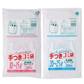 Japax Garbage Bags with Handle, Translucent, 3.9 - 5.6 gal (10 - 15 L), 20 - 25 L; Assortment Set, Gusset, Polybag, Tie-To-Carry, 20 Pieces, 1 Each 40 Pieces, HI14 HI24, Maximum Size (HI24): Length 23.6 x Width 13.0 inches (33 cm) + Depth 8.7 inches (22 