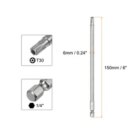 sourcing map T30 Security Torx Bit 1/4" Hex Shank 6" Long S2 Steel Magnetic Tamper Resistant Star Bits Screwdriver Torx Head with Hole for Driver Drill Bits Remove Fastening Screws