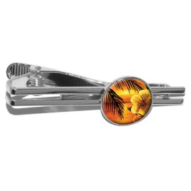 GRAPHICS & MORE Orange Beach Sunset with Hibiscus Flower - Palm Tree Ocean Vacation Hawaiian Round Tie Bar Clip Clasp Tack - Silver