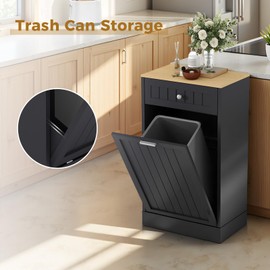 GarveeHome Tilt Out Trash Cabinet, 10 Gallon Kitchen Waste Bins, 1 Door Wood Free Standing Trash Cabinet, Recycling Cabinet with Hideaway Drawer for Living Room, Black