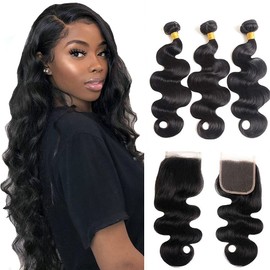 Body Wave 3 Bundles with Closure 100% Unprocessed Brazilian Body Wave Human Hair Weave with 4x4 Free Part Lace Closure Natural Color (16 18 20+14", Bundles with Closure)