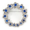 Rhodium Plated Clear/Sapphire Blue Crystal Wreath Brooch - 45mm