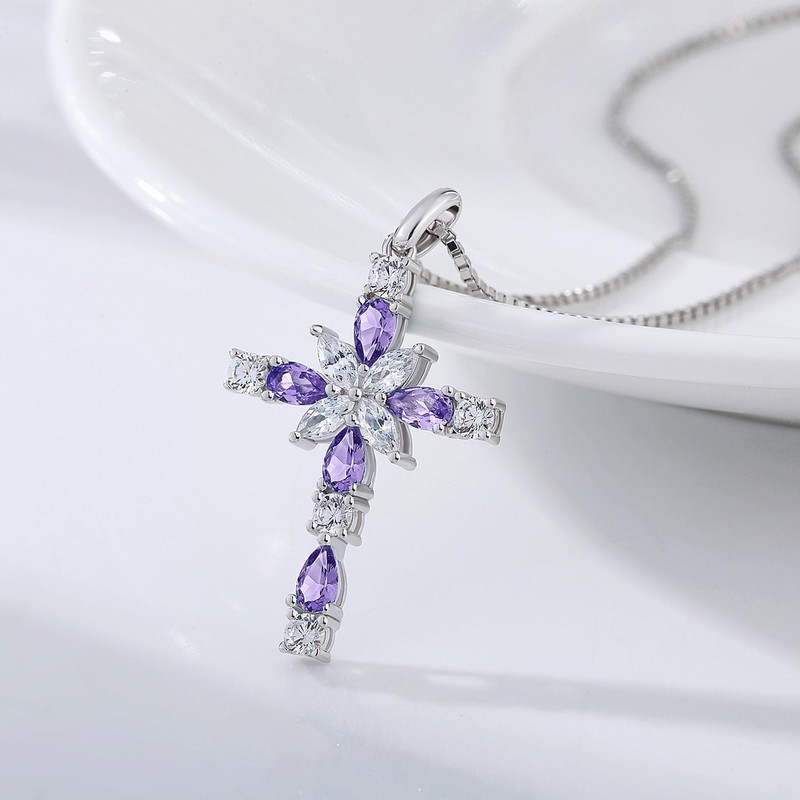 JiaYang Sterling Silver Cross Necklace for Women, 12 Birth Stone