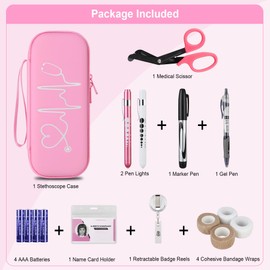 BOVKE 15 Pcs Stethoscope Case Sets Medical Supplies Include Stethoscope Case, Medical Scissors, 2 Penlights with Batteries, Bandage Wraps, Name Card Holder for Nursing School Tool Kits, Pink