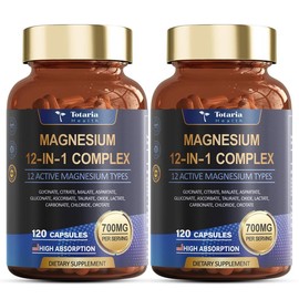 2 pack/3 pack Totaria 12-in-1 700mg Magnesium Complex | Glycinate Citrate Malate Oxide Taurate Aspartate Orotate, Vegan Capsules for Muscle, Heart, and Relaxation Support | Non-GMO | 240 captures:_2 bottles