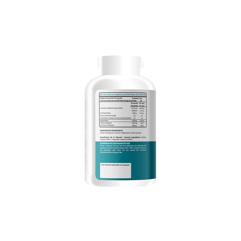 Wellthy Citrato Magnesio 300 Cápsulas 400mg 100 Natural Veganas Días