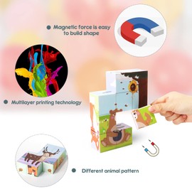 TOKBLOK Magnetic Cube Blocks, 9PCS Toddler Puzzles, Wild Animals Pattern Sorting Stacking Game Early Learning Educational Gift for Ages 3, 4, 5,6 Boys Girls