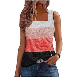 LANMERTREE Color Block Ruched Button Square Collar Tank Summer Tank Tops for Women Loose Fit Square Neck Sleeveless Tops(Pink,L)